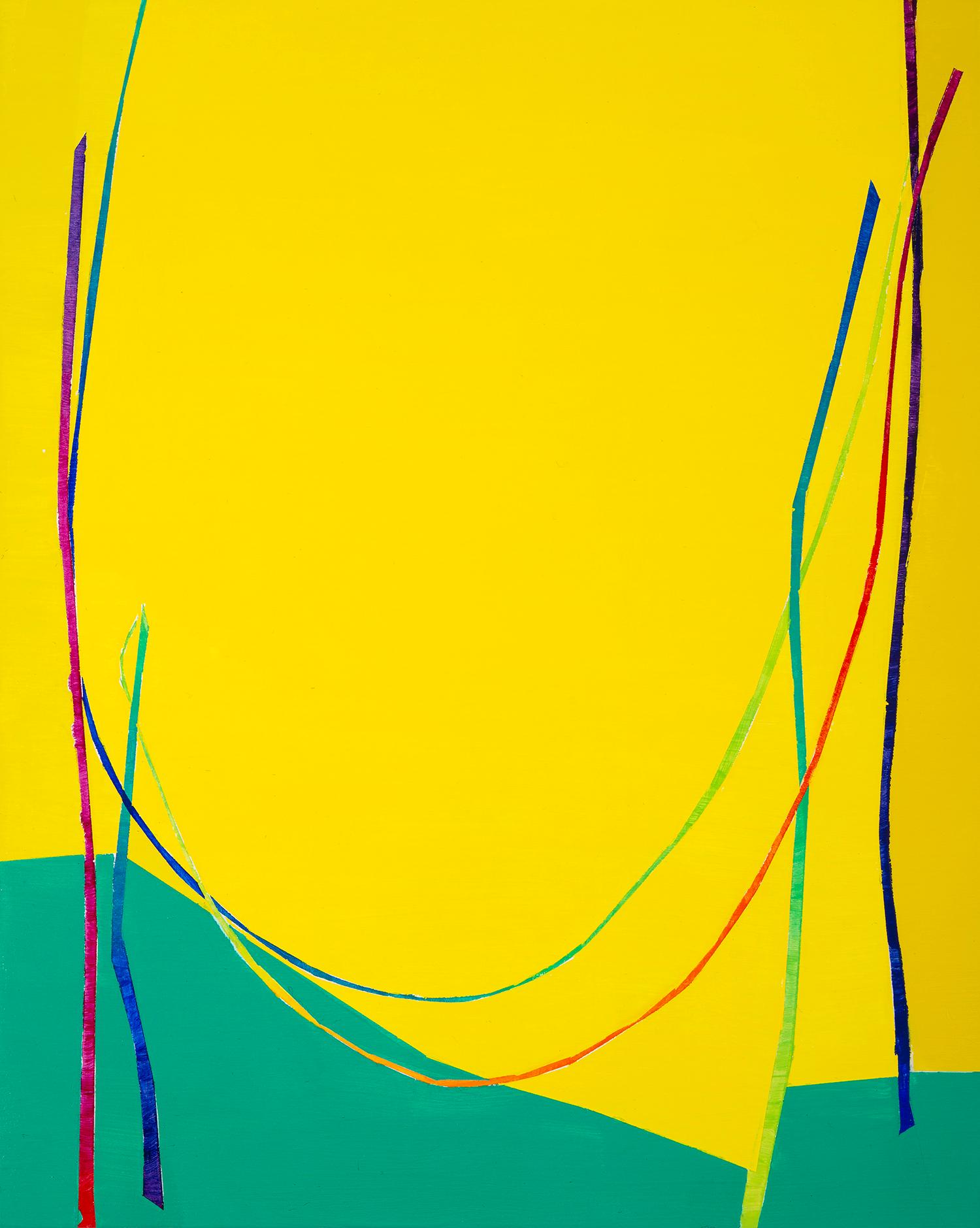 Double Catenary: panel painting w/ multi-colored arc lines on yellow & green