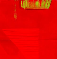 Encounter: large contemporary abstract painting in red with blue & green imagery