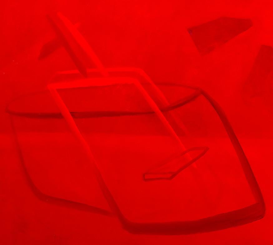 Encounter: grande quadro astratto contemporaneo in rosso con immagini in blu e verde - Figurative Painting Rosso di Paula Cahill