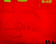 Récit : grande peinture abstraite contemporaine en rouge avec des images bleues et vertes