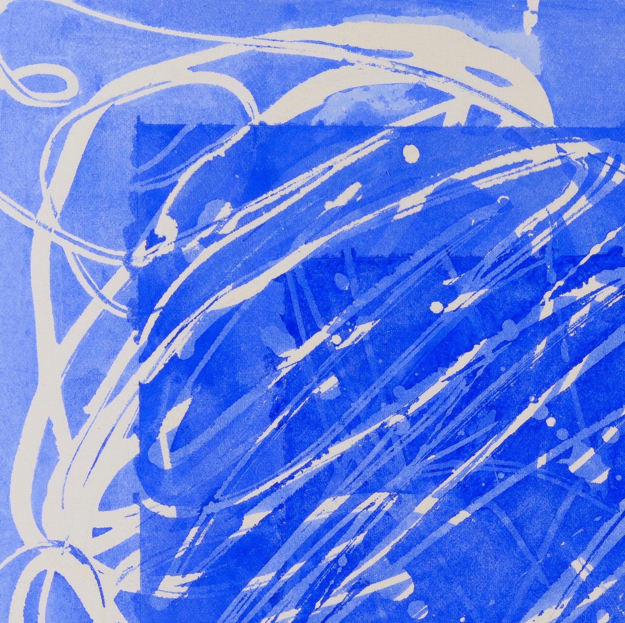 Gilded: abstract expressionist blue & white painting/drawing on paper, framed - Painting by Paula Cahill