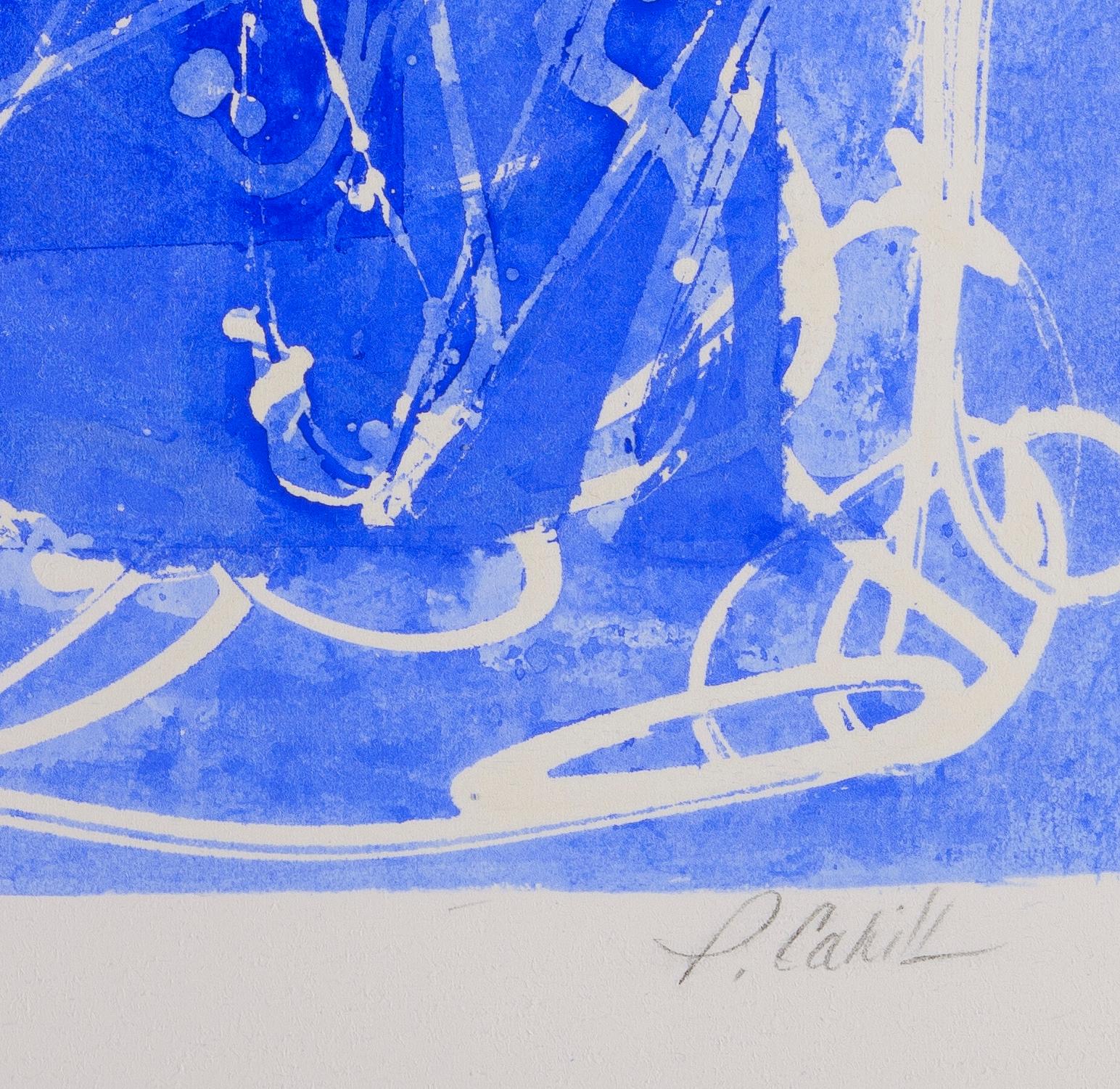 Vergoldet: abstraktes expressionistisches blau-weißes Gemälde/Zeichnung auf Papier, gerahmt (Blau), Abstract Drawing, von Paula Cahill