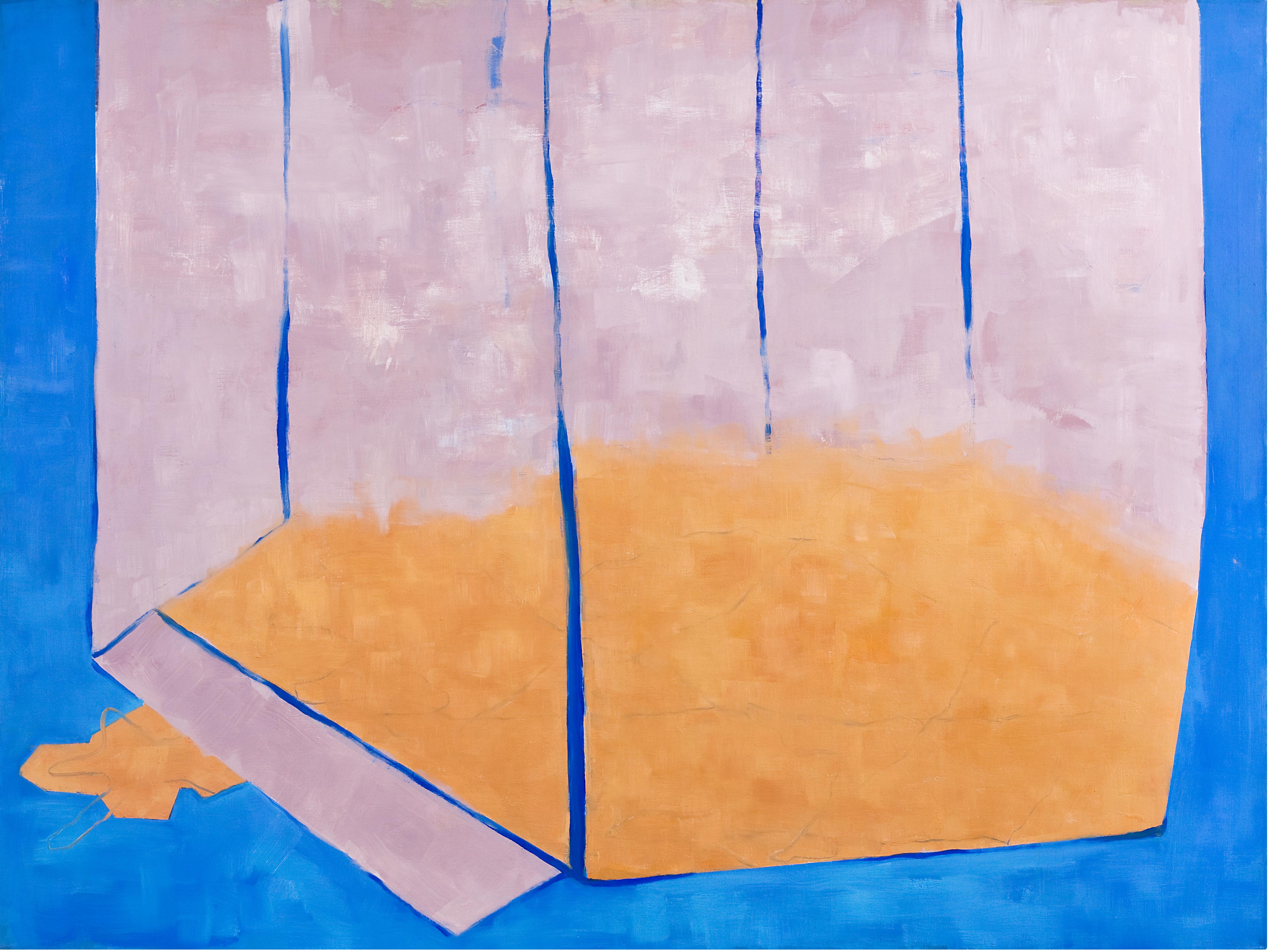 Glasunterseite: großes zeitgenössisches abstraktes Gemälde in Rosa, Blau und Orange