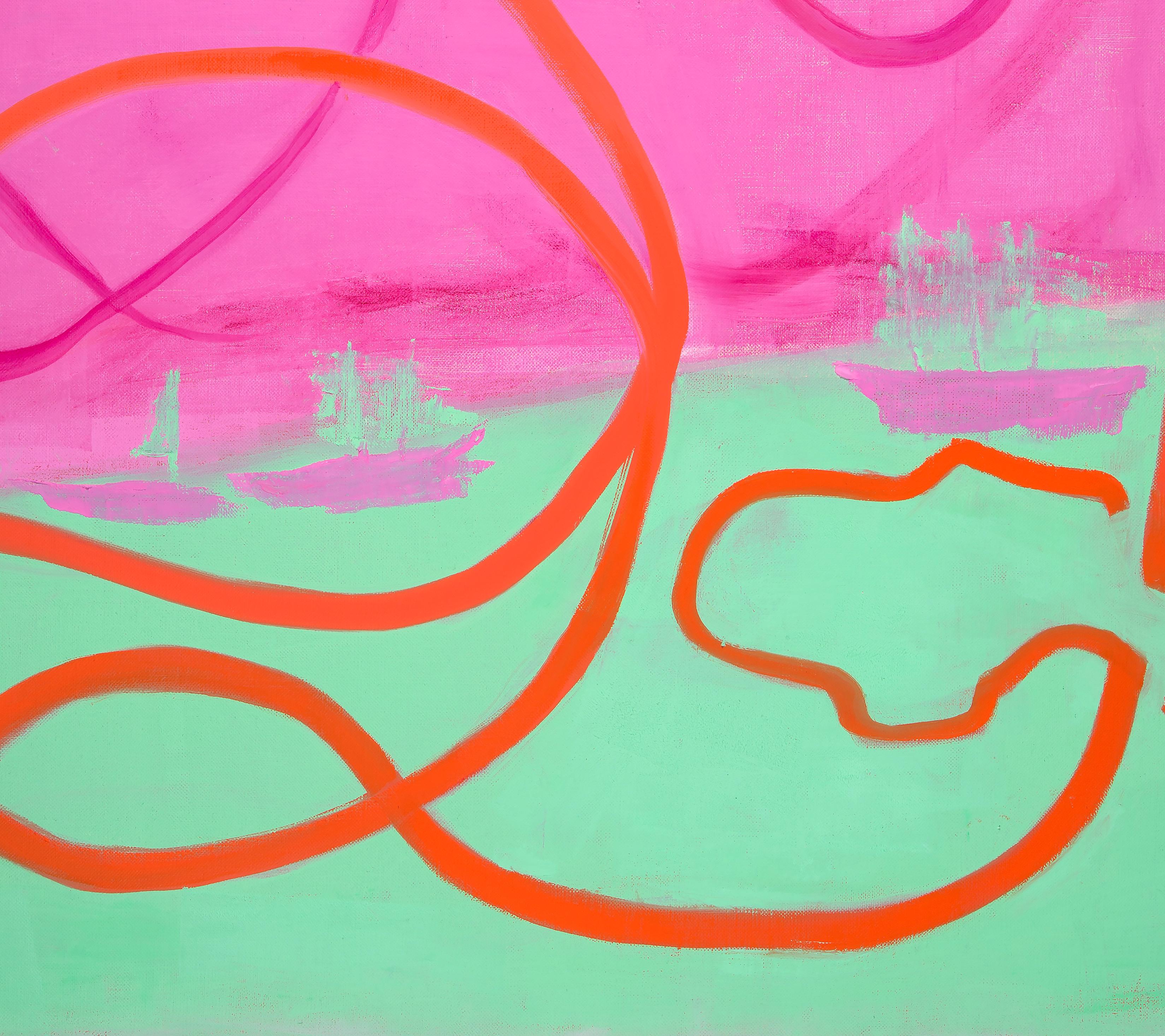 Havana to Key West: contemporary abstract gestural painting w/ pink lines, green - Painting by Paula Cahill