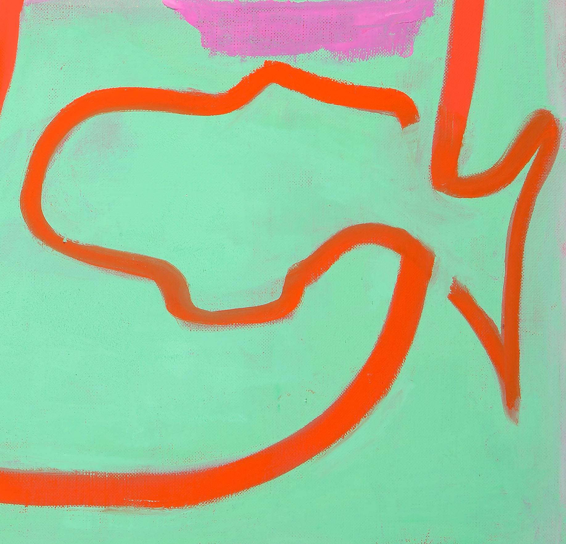 Havana to Key West: contemporary abstract gestural painting w/ pink lines, green - Pink Landscape Painting by Paula Cahill