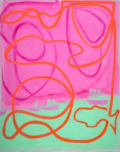 Havana to Key West: contemporary abstract gestural painting w/ pink lines, green