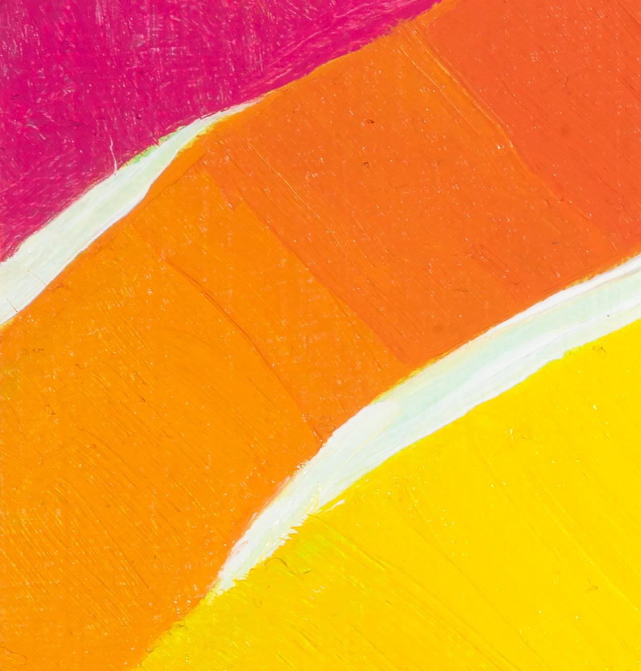 Imua: abstract painting w/ blue green yellow orange pink lines on white - Abstract Painting by Paula Cahill