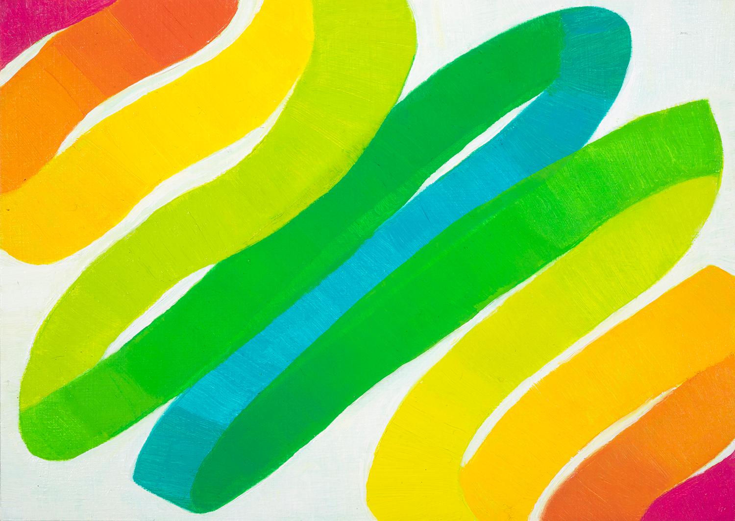 Paula Cahill Abstract Painting - Imua: abstract painting w/ blue green yellow orange pink lines on white