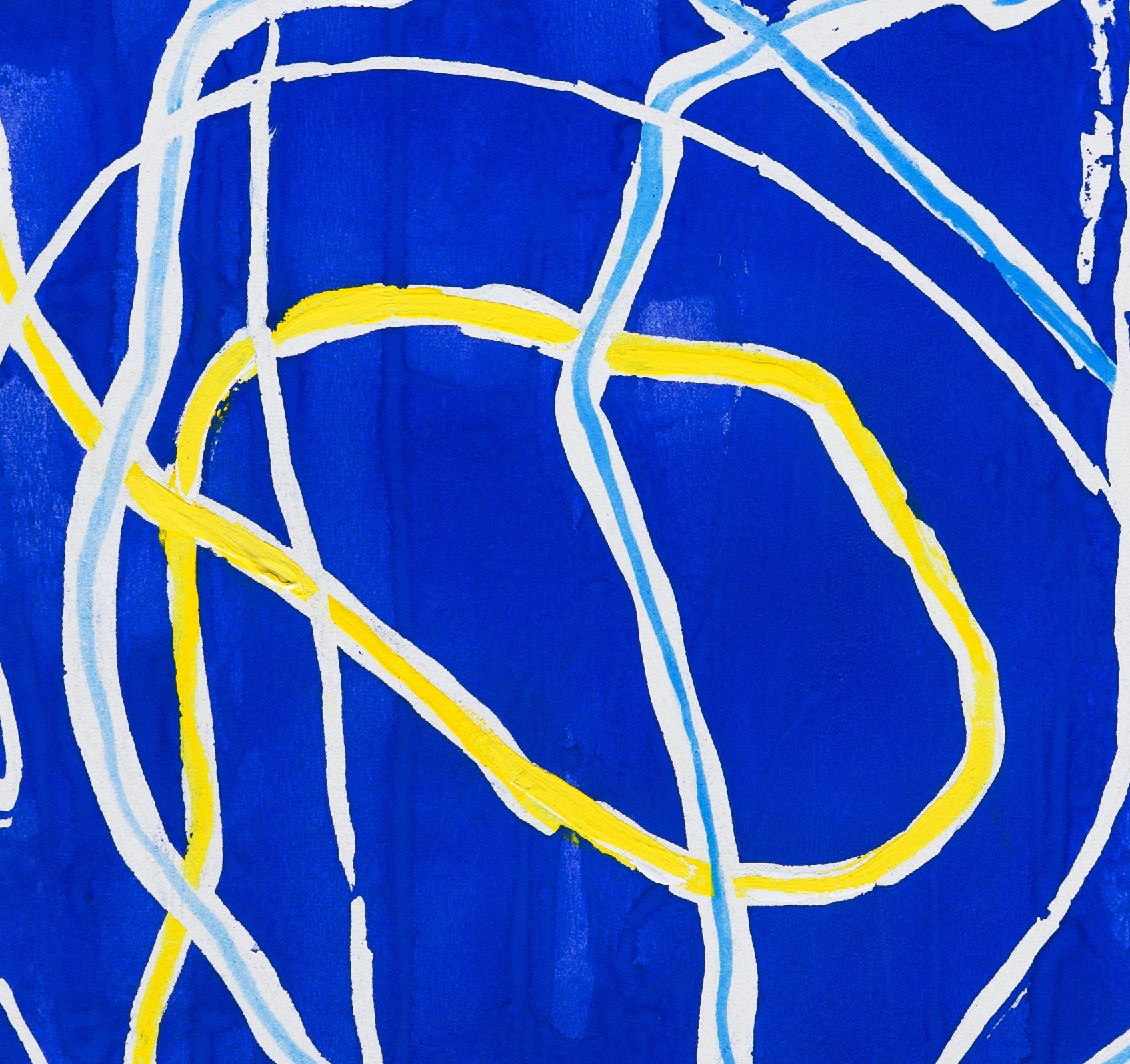 Inlet -- contemporary abstract gestural painting on blue w/ yellow & white lines - Painting by Paula Cahill