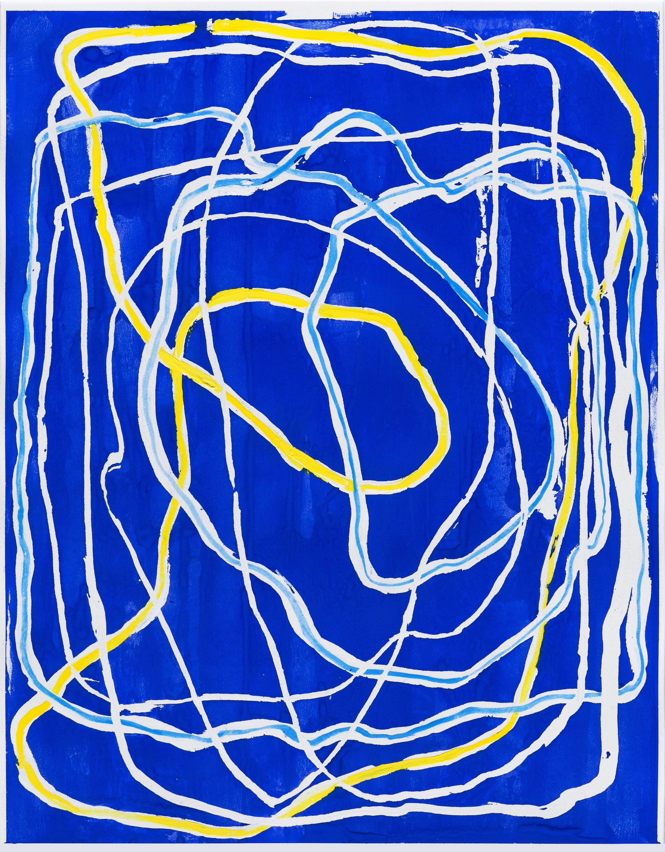 Paula Cahill Abstract Painting - Inlet -- contemporary abstract gestural painting on blue w/ yellow & white lines