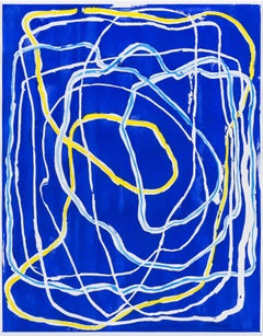 Inlet -- contemporary abstract gestural painting on blue w/ yellow & white lines