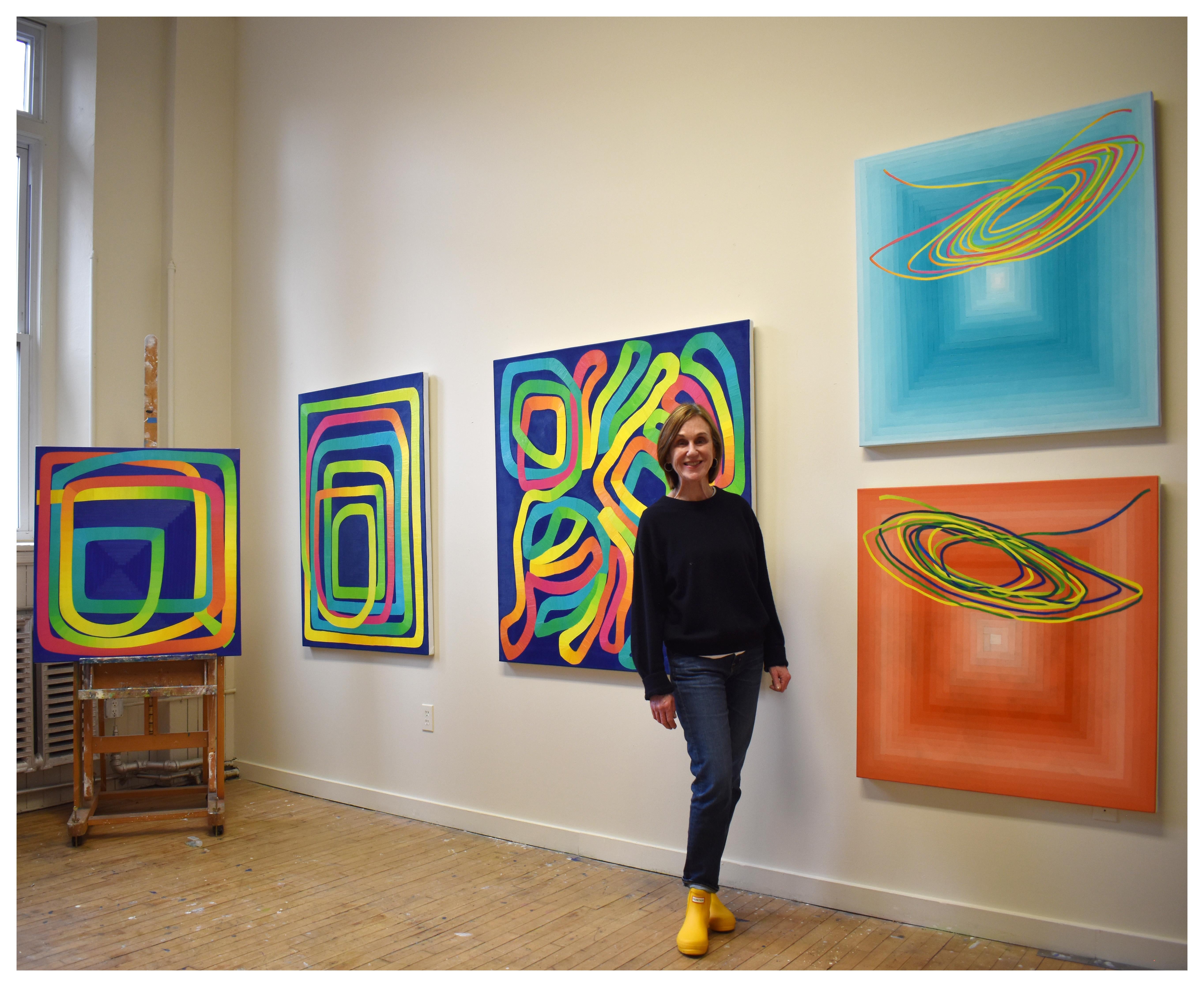 Paula Cahill's linear abstract compositions are often comprised of a single, luminous line that meanders, changes color, and seamlessly connects back to itself. 