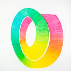 Iteration II: Abstraktes Gemälde mit blauen, grünen, gelben, orange-rosa Linien auf Weiß