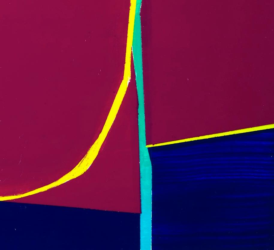 Mistaken Catenary: kleines Gemälde auf Tafel in Rot und Blau mit mehrfarbigen Linien – Painting von Paula Cahill