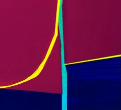 Mistaken Catenary: small painting on panel in red & blue w/ multi-colored lines