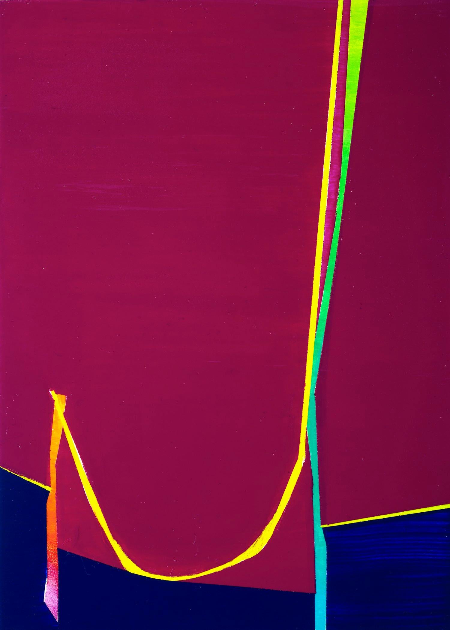 Paula Cahill Abstract Painting – Mistaken Catenary: kleines Gemälde auf Tafel in Rot und Blau mit mehrfarbigen Linien