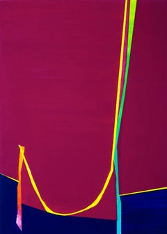 Mistaken Catenary: small painting on panel in red & blue w/ multi-colored lines