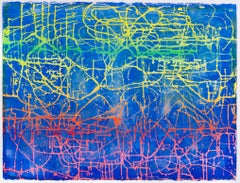 Night Rodeo: Contemporary Abstract Painting on Paper - blue, yellow, pink, green