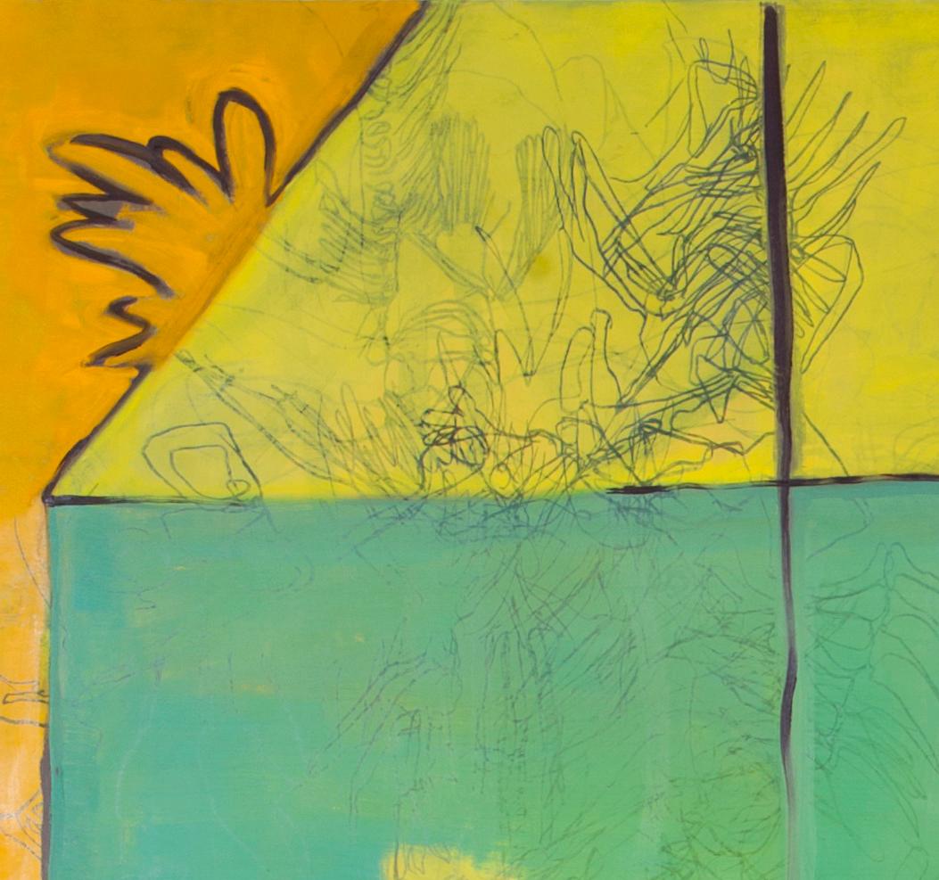 No Diving: large contemporary abstract painting in green, yellow &orange - Painting by Paula Cahill