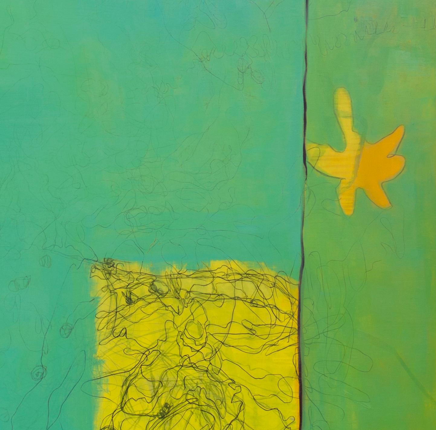 No Diving: Großes zeitgenössisches abstraktes Gemälde in Grün, Gelb und Orange (Abstrakt), Painting, von Paula Cahill