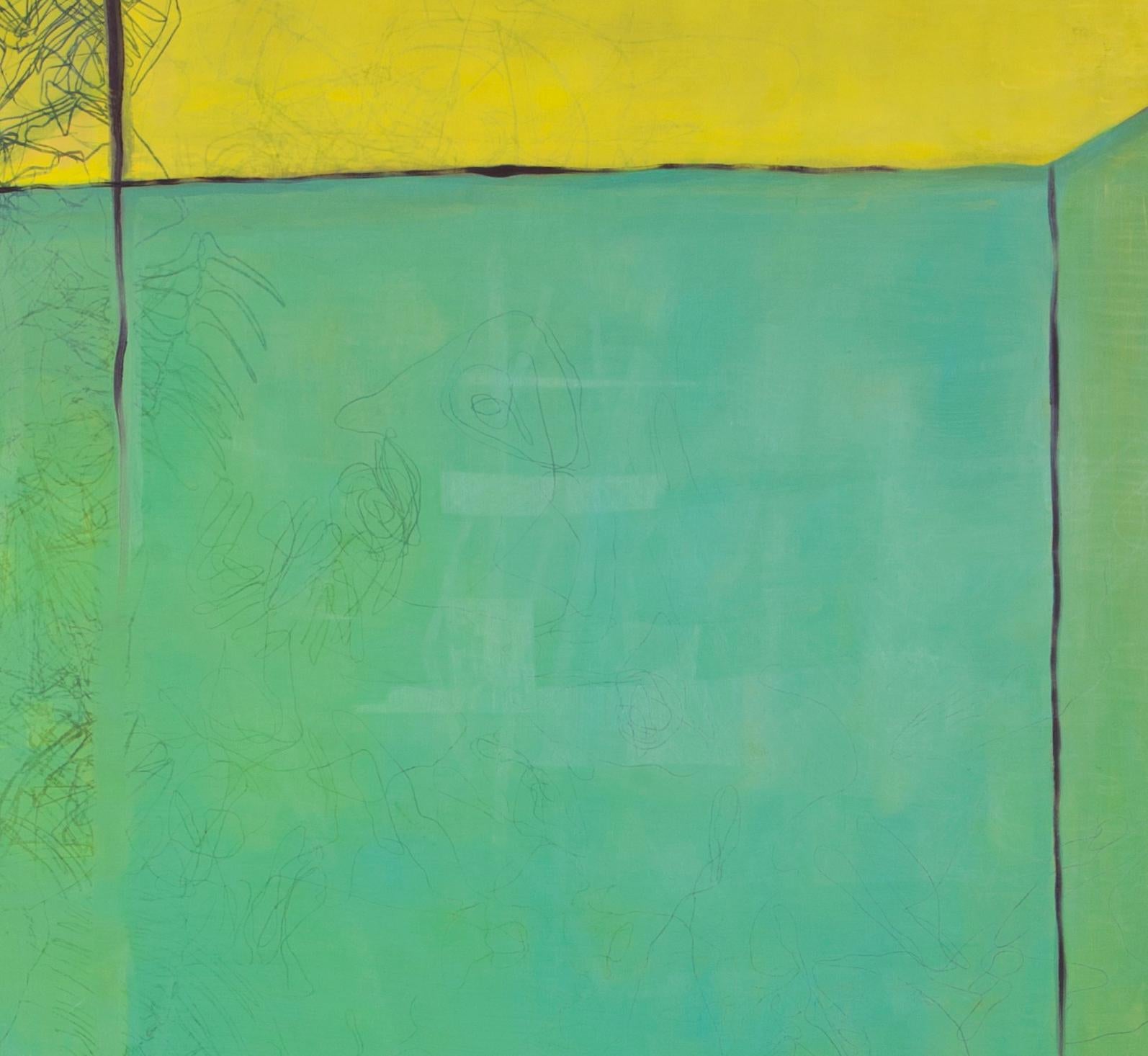 No Diving: large contemporary abstract painting in green, yellow &orange - Abstract Painting by Paula Cahill