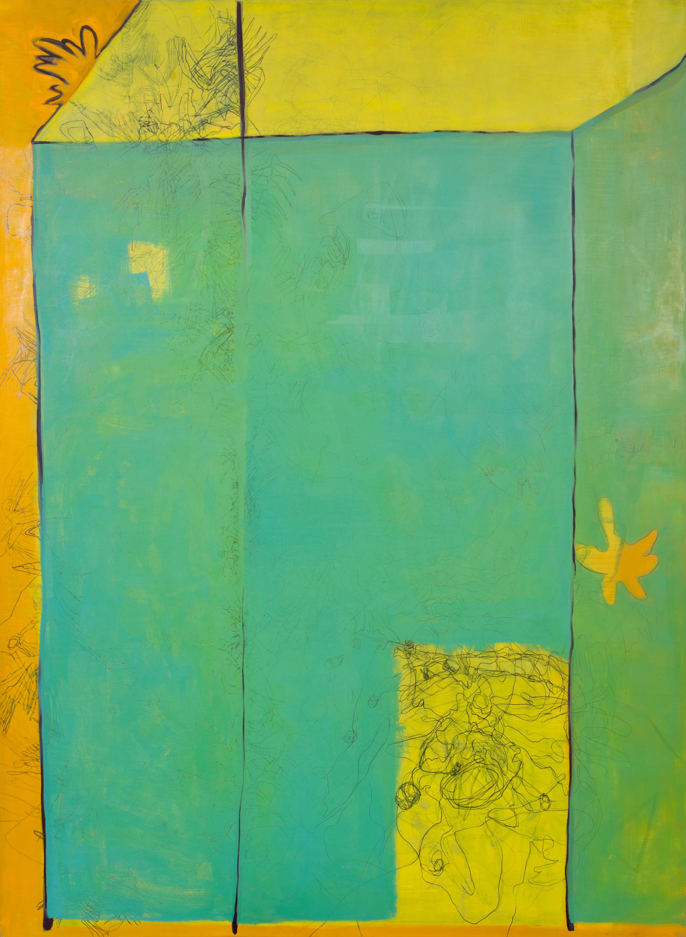 Paula Cahill Abstract Painting - No Diving: large contemporary abstract painting in green, yellow &orange
