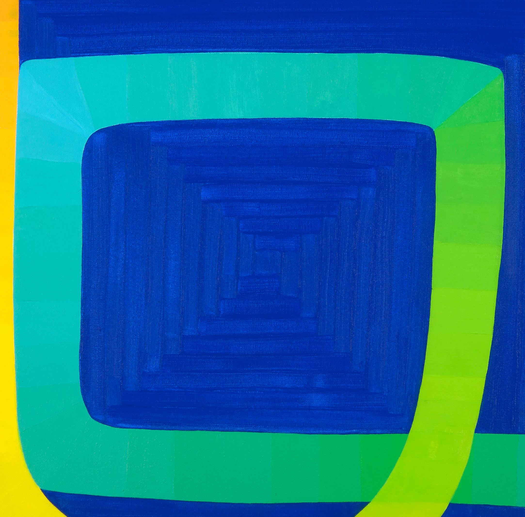 One-liner -- contemporary abstract painting on blue w/ pink, green, yellow lines - Painting by Paula Cahill