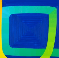 One-liner -- contemporary abstract painting on blue w/ pink, green, yellow lines