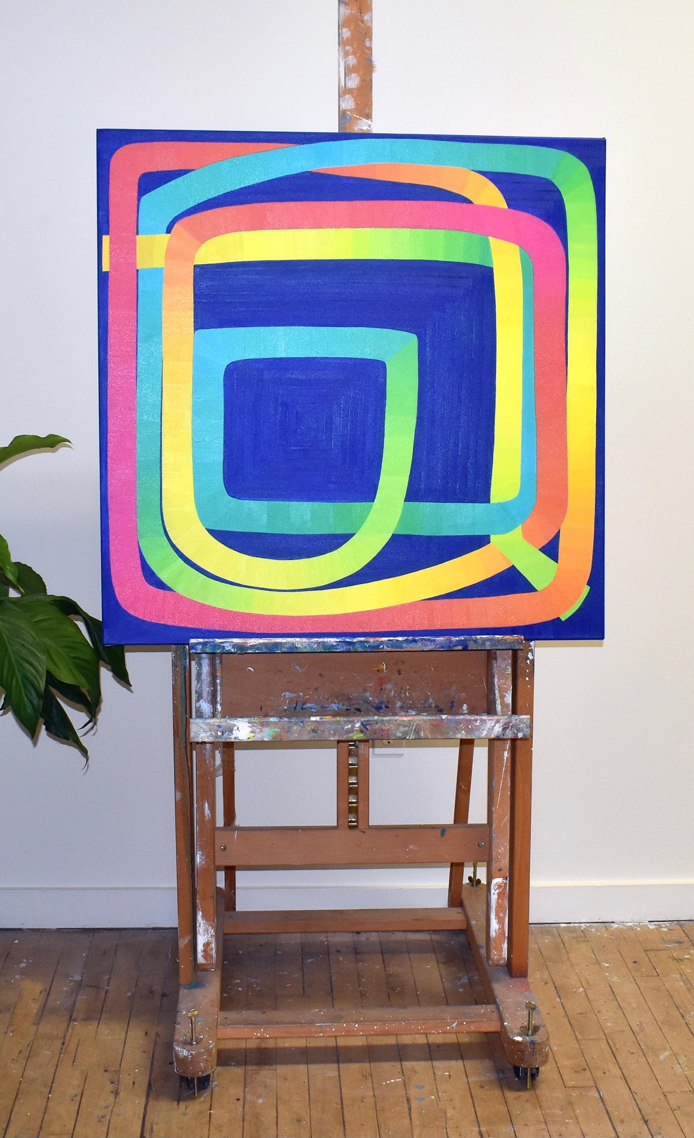 One-liner -- contemporary abstract painting on blue w/ pink, green, yellow lines - Abstract Painting by Paula Cahill