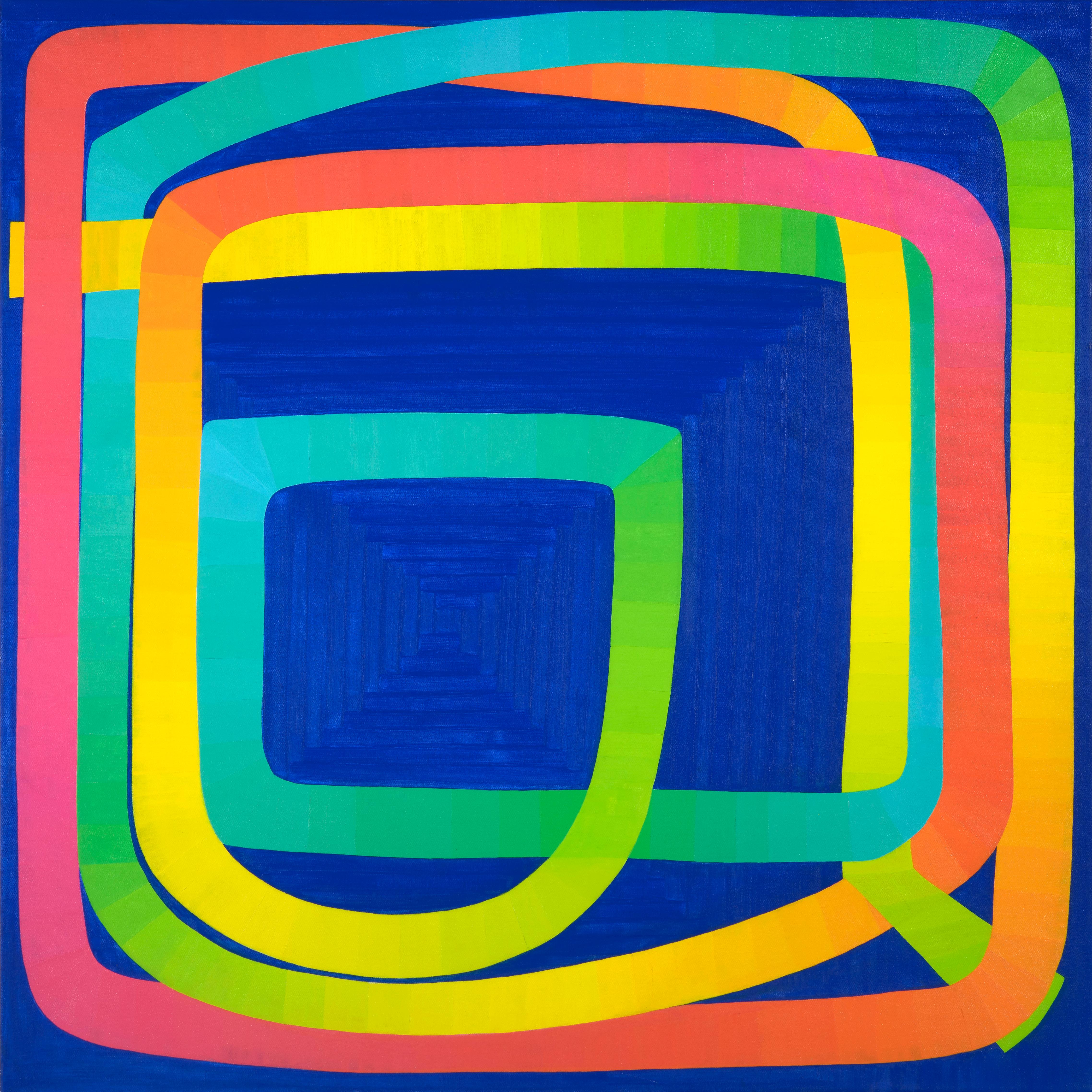 Paula Cahill Abstract Painting - One-liner -- contemporary abstract painting on blue w/ pink, green, yellow lines