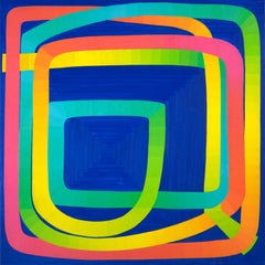 One-liner -- contemporary abstract painting on blue w/ pink, green, yellow lines