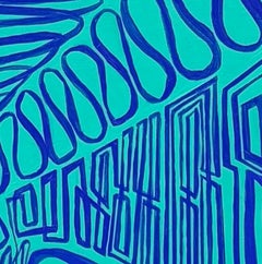 Pathways : petite peinture à l'huile abstraite avec lignes circulaires vertes sur bleu océan.