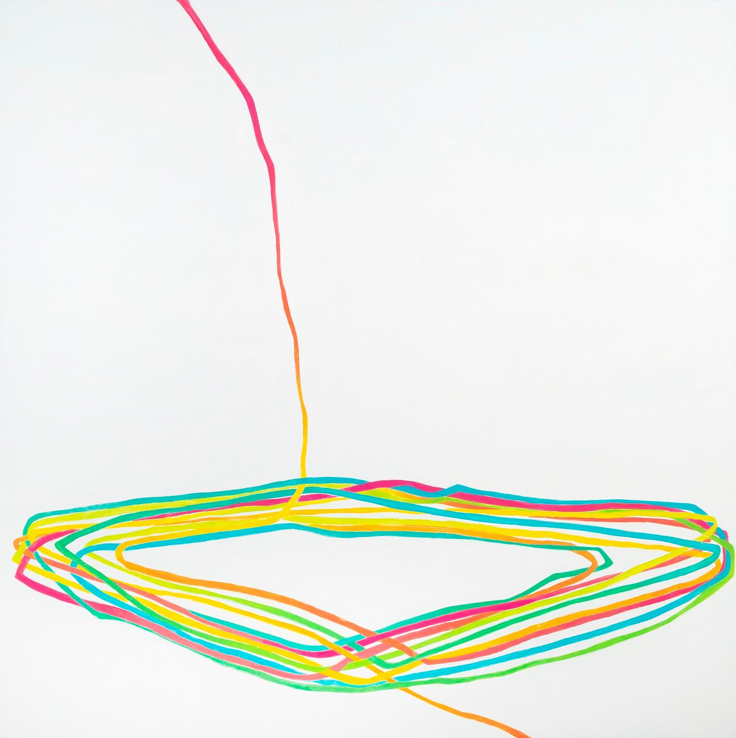 Ravel III: pittura astratta contemporanea ad olio con linee multicolori su bianco