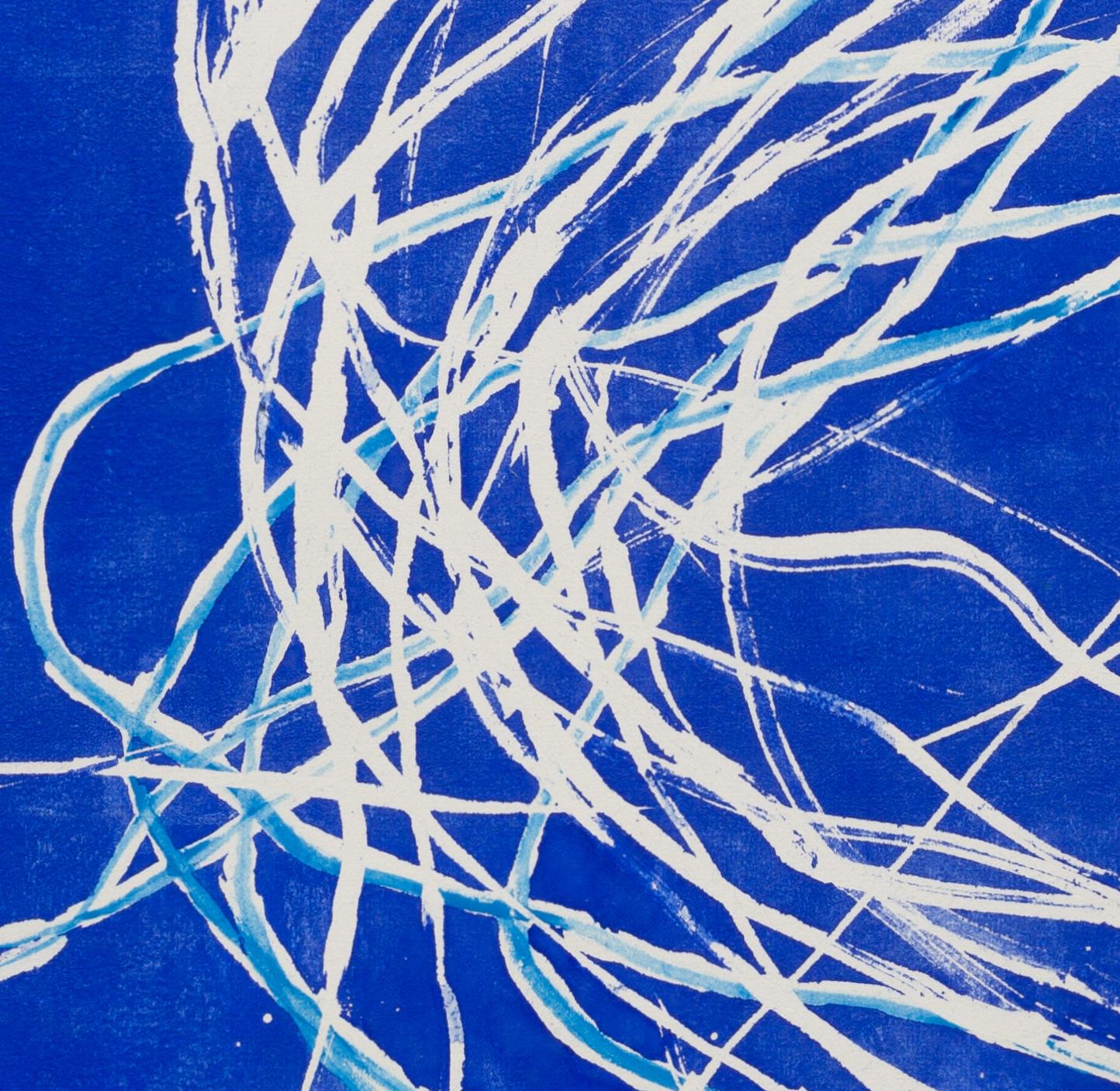 Reef Dancer: contemporary abstract gestural sea painting on blue w/ white lines - Art by Paula Cahill
