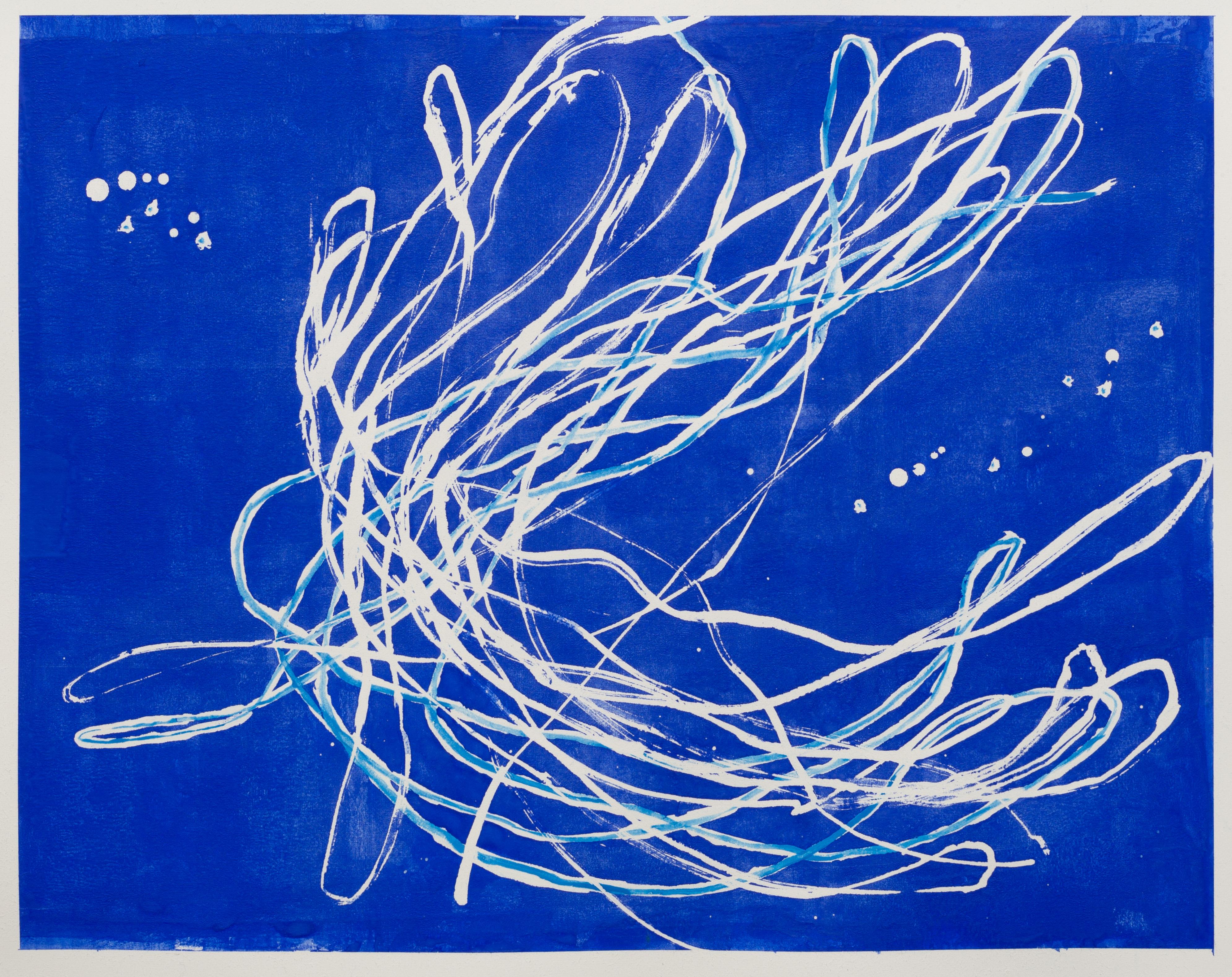 Paula Cahill Abstract Drawing - Reef Dancer: contemporary abstract gestural sea painting on blue w/ white lines