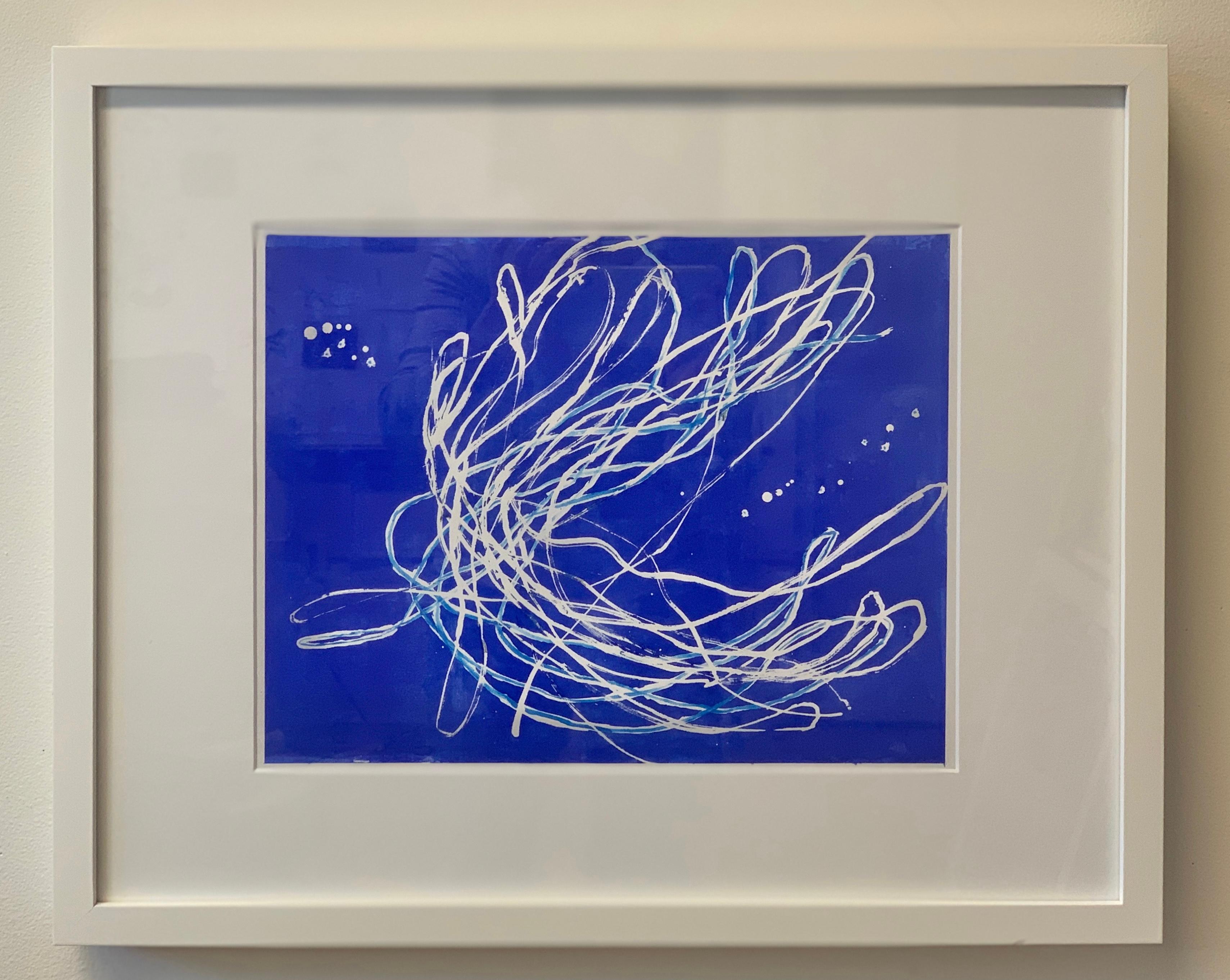 Reef Dancer: contemporary abstract gestural sea painting on blue w/ white lines - Abstract Expressionist Art by Paula Cahill