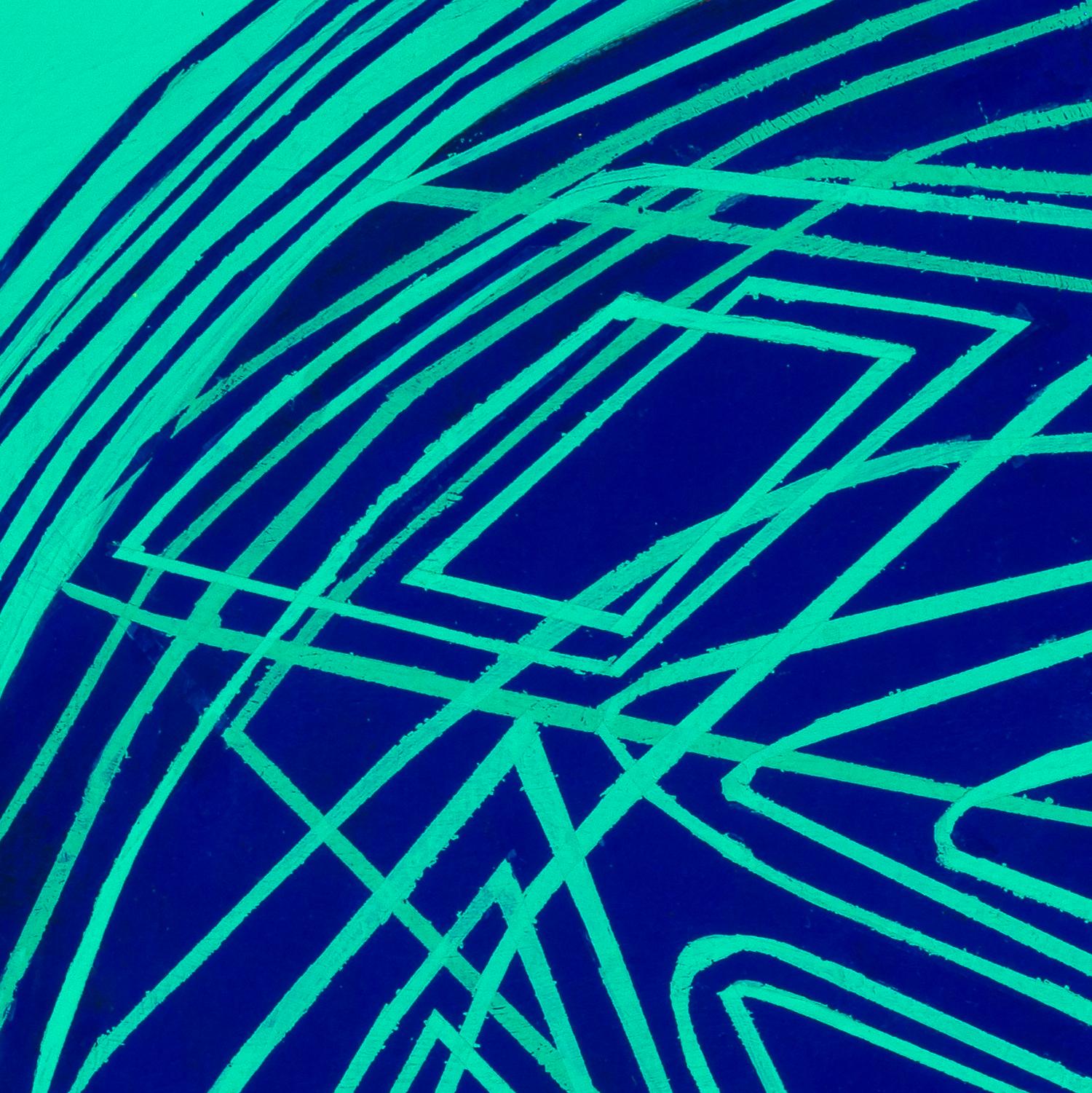 Rundes und rundes: kleines abstraktes Ölgemälde mit kreisförmigen blauen Linien auf Grün-Blau auf Grün-Blau – Painting von Paula Cahill