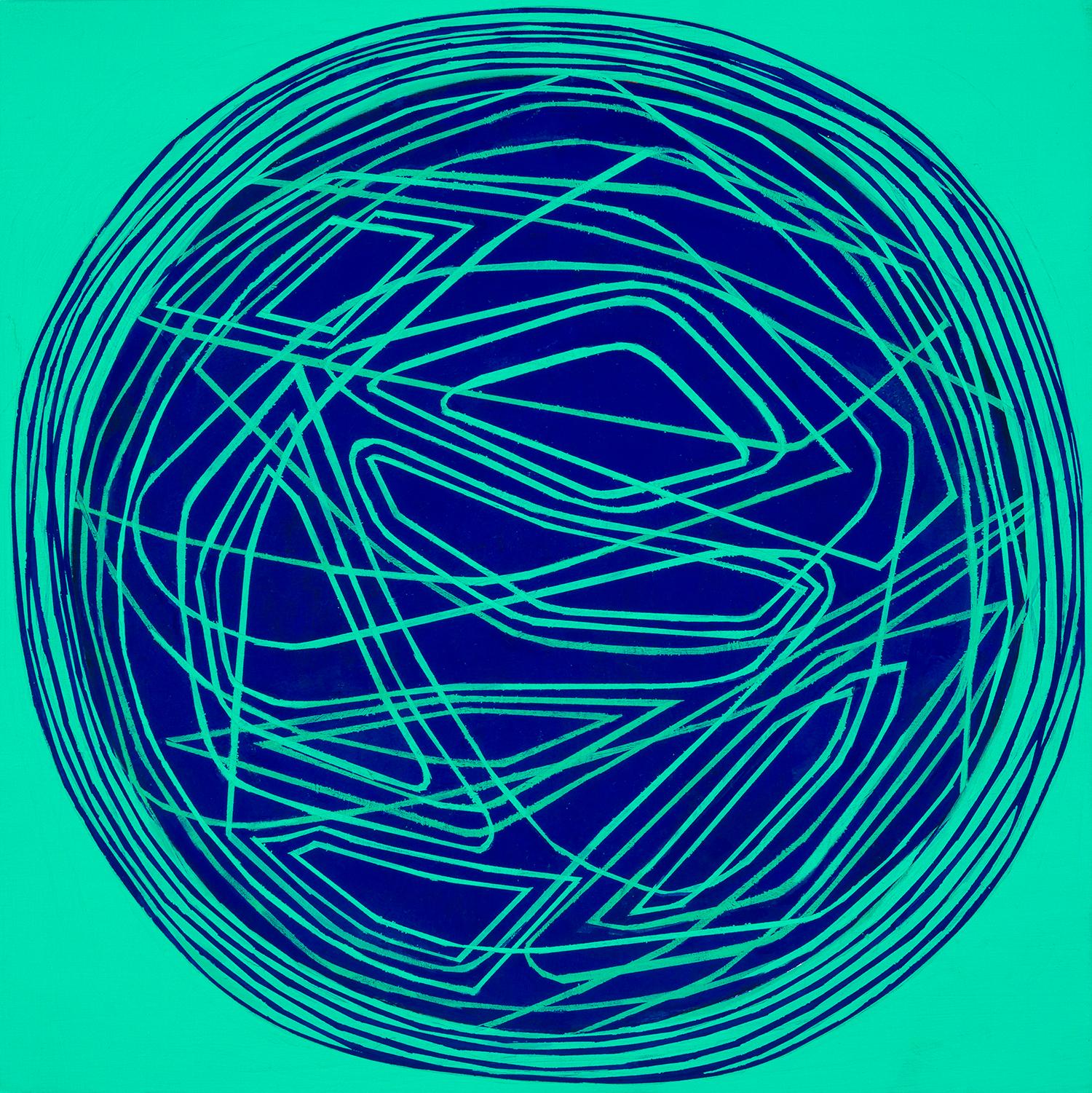 Paula Cahill Abstract Painting – Rundes und rundes: kleines abstraktes Ölgemälde mit kreisförmigen blauen Linien auf Grün-Blau auf Grün-Blau