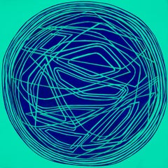 Rundes und rundes: kleines abstraktes Ölgemälde mit kreisförmigen blauen Linien auf Grün-Blau auf Grün-Blau