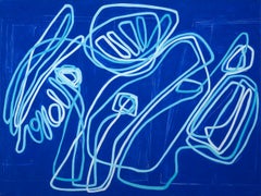 Sway : peinture abstraite contemporaine avec références à l'océan et lignes gestuelles bleues 
