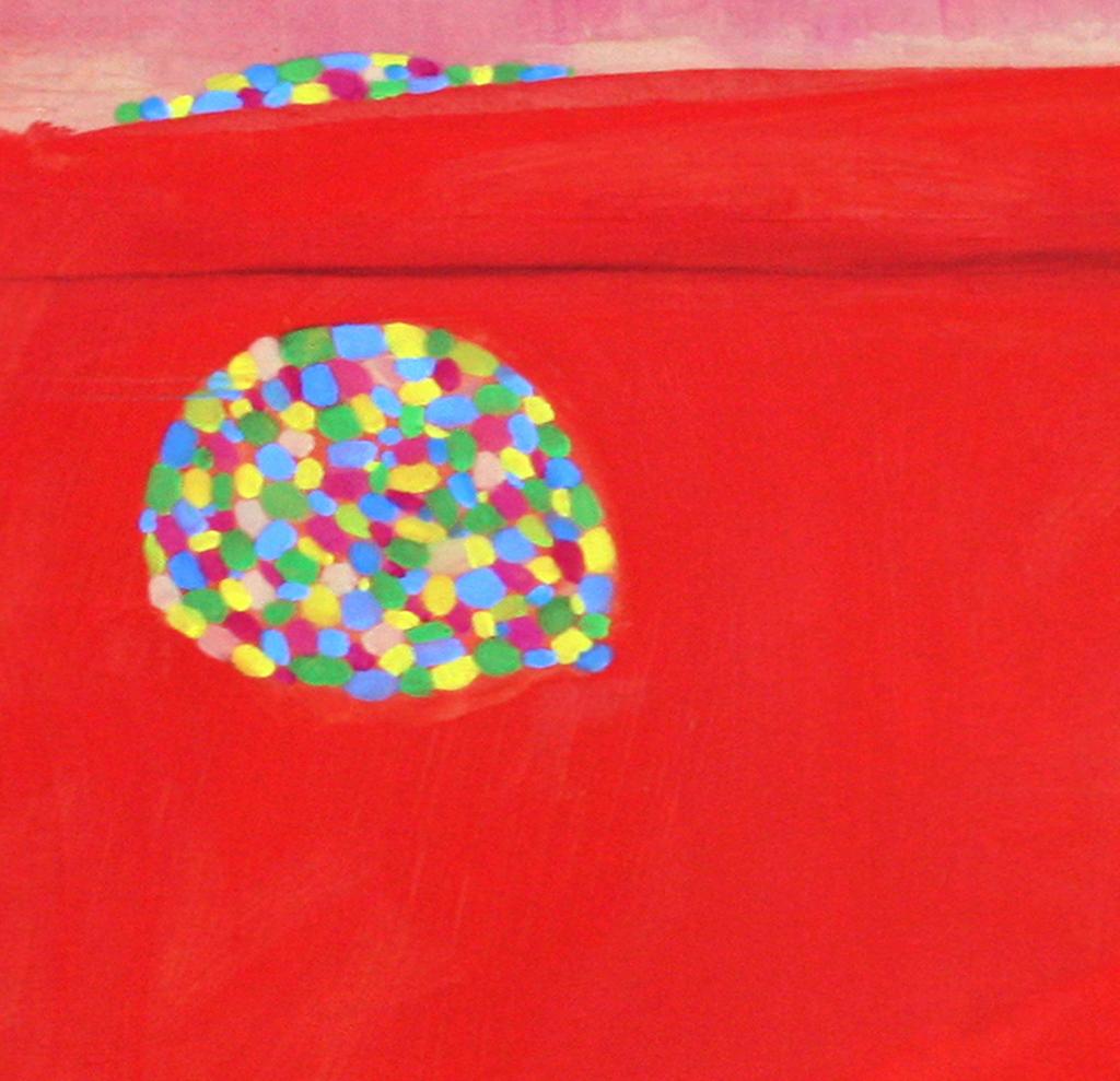 The Right Missing: contemporary abstract painting, red w/ blue & yellow circles - Painting by Paula Cahill