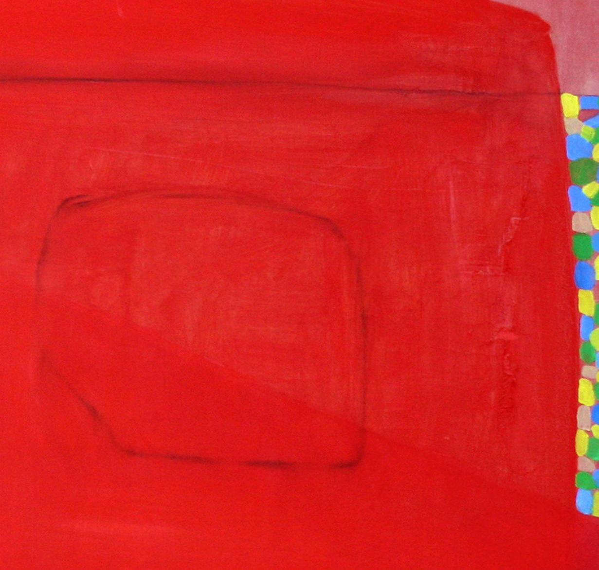 The Right Missing: contemporary abstract painting, red w/ blue & yellow circles - Abstract Painting by Paula Cahill