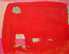 The Right Missing: contemporary abstract painting, red w/ blue & yellow circles