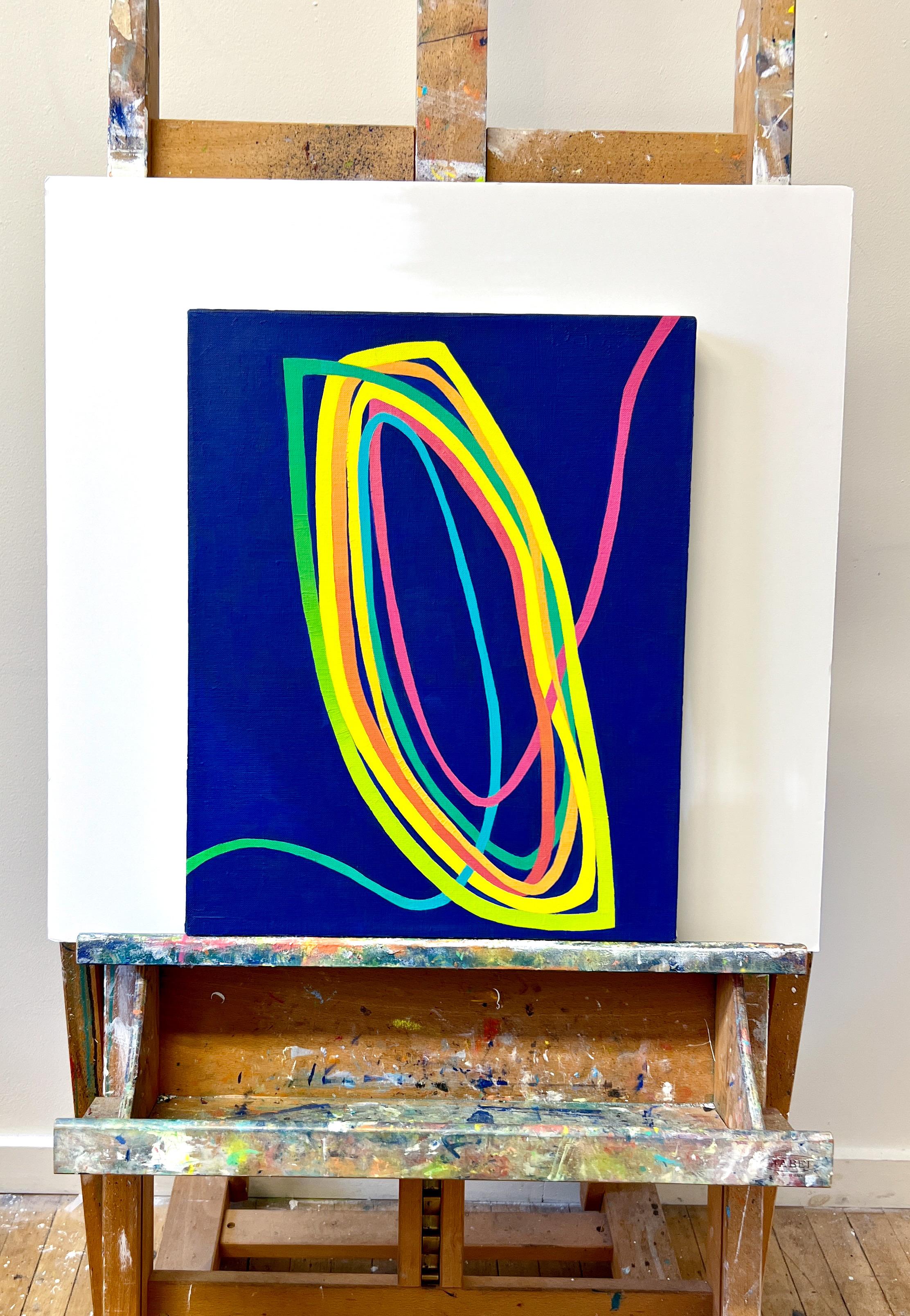 Tilt: oil painting w/ green, yellow, orange & pink line on ocean-blue - Painting by Paula Cahill
