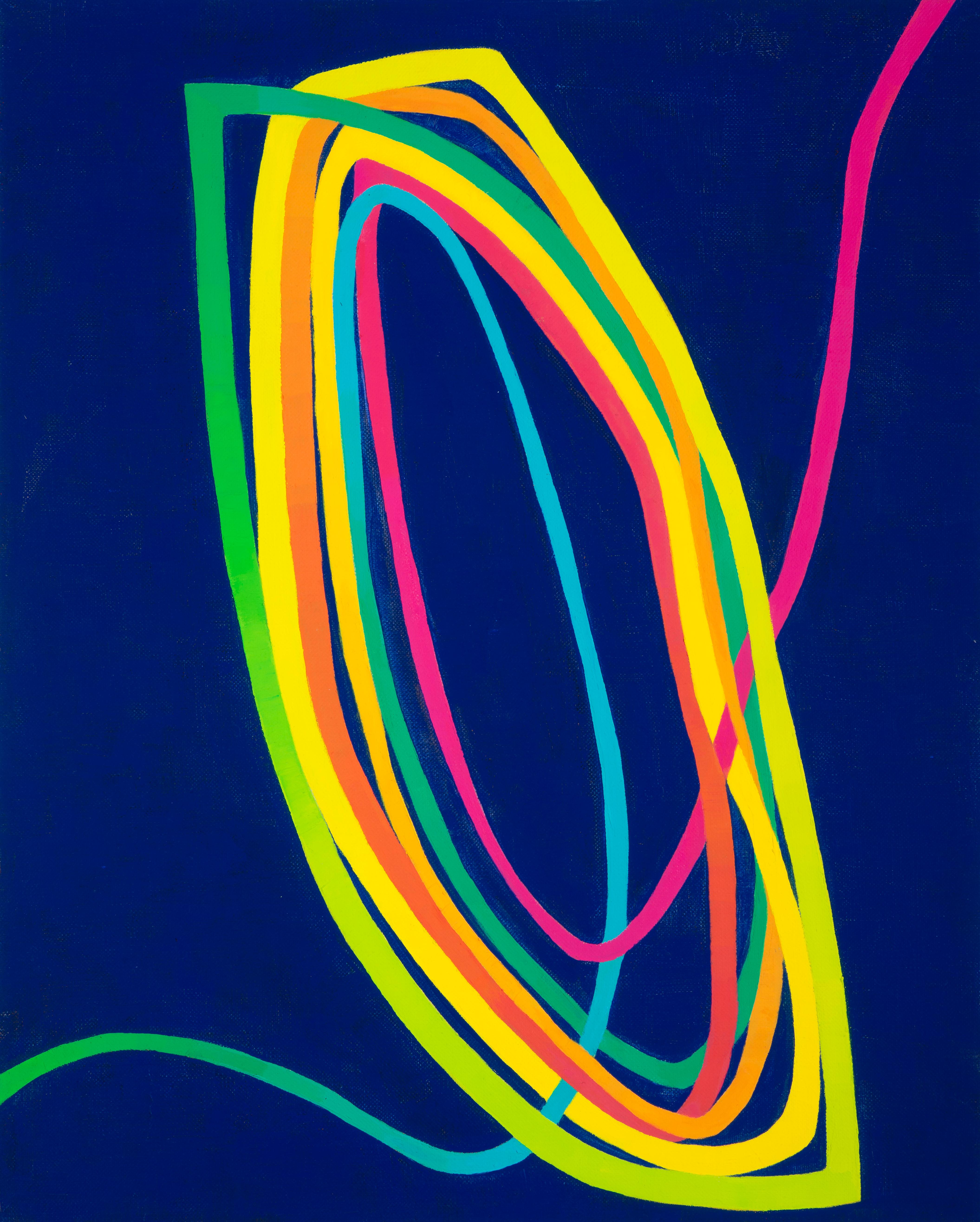 Paula Cahill Abstract Painting - Tilt: oil painting w/ green, yellow, orange & pink line on ocean-blue