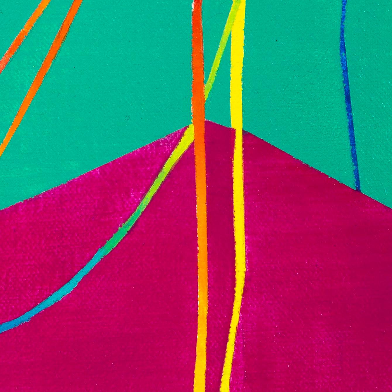 Triple Catenary: canvas painting w/ multi-colored arc lines on pink & green - Painting by Paula Cahill
