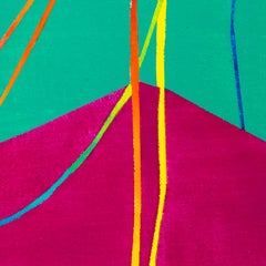 Triple Catenary: canvas painting w/ multi-colored arc lines on pink & green