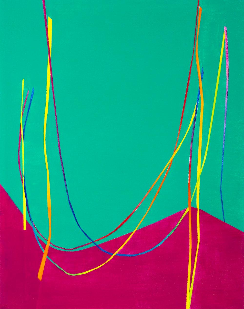 Paula Cahill Abstract Painting - Triple Catenary: canvas painting w/ multi-colored arc lines on pink & green