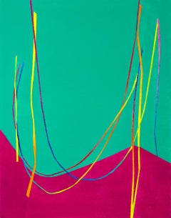 Triple Catenary: canvas painting w/ multi-colored arc lines on pink & green