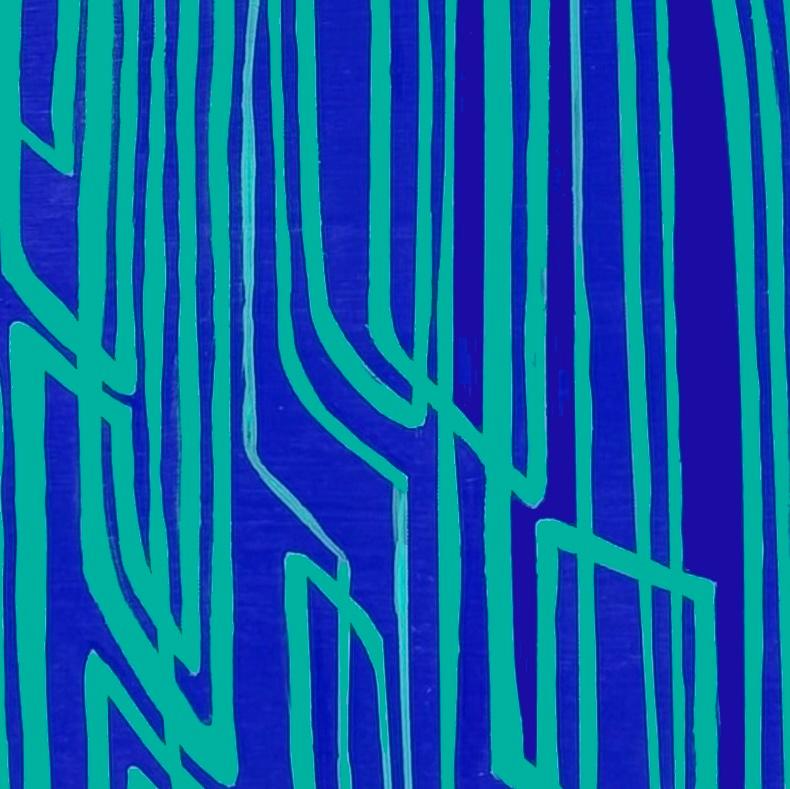 Vantage Point: kleines abstraktes Ölgemälde mit kreisförmigen blauen Linien auf grün-blauem Grund – Painting von Paula Cahill
